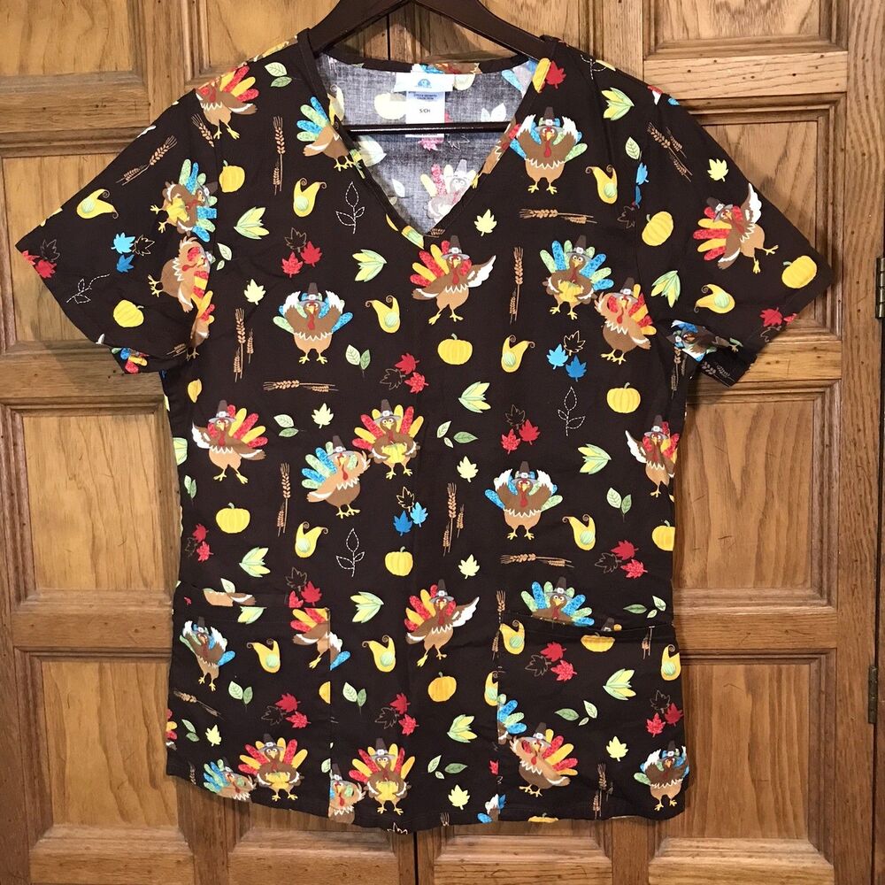SB Scrubs Thanksgiving Top Women's S Brown Autumn Cotton V-Neck SS 3 Pocket